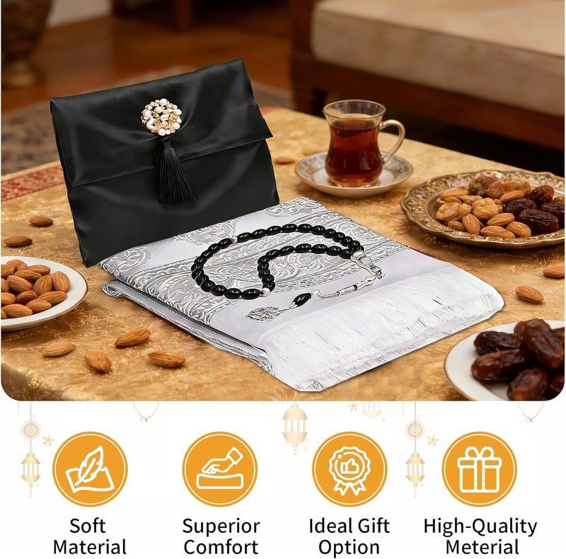Pomefar Ramadan Prayer Mat with Beads & Elegant Fabric Bag, Foldable Washable Polyester Praying Rug, Gift for Men Women(Black) - Image 5
