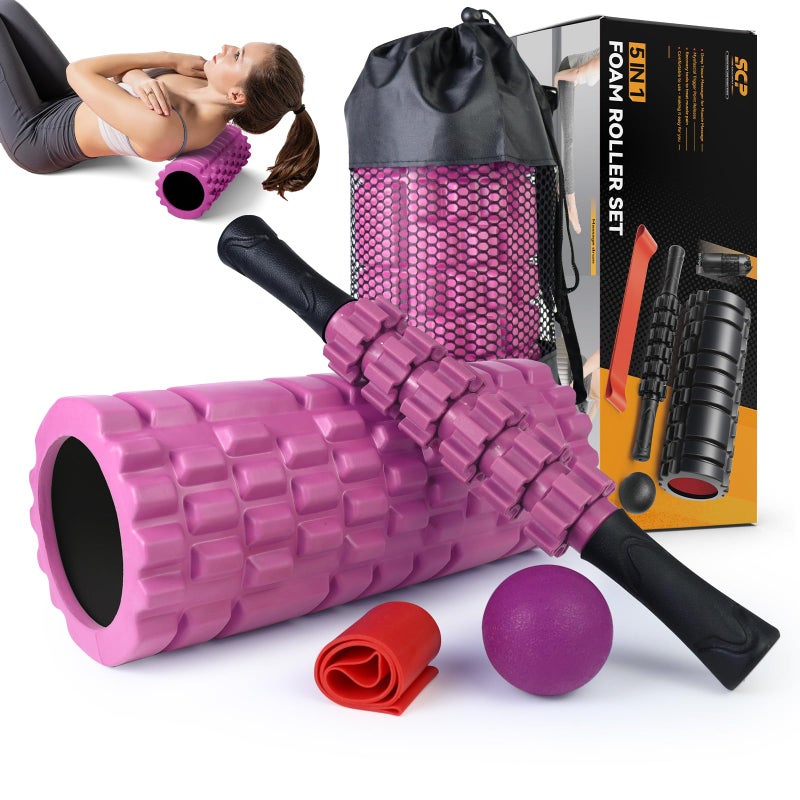 SUBCULTUREPICK 5 in1 Foam Roller Set Trigger Point Foam Roller Massage Roller Stick Massage Ball Resistance Band for Deep Muscle Massage Pilates YogaFitness Exercise for Whole Body PinkBlack 