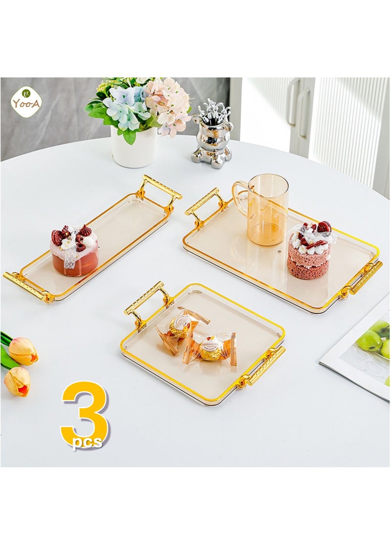 يوآ 3 قطع صينية تقديم مستطيلة الشكل بمقابض كبيرة ومتوسطة وصغيرة، طاولة قهوة مزخرفة للمنزل، صينية طعام، صينية فاكهة، صينية بار، صينية عطور، صينية كوكتيل، لتقديم الطعام والمشروبات والوجبات الخفيفة، للاستخدام في المطبخ المنزلي والمكتب الخارجي والمطعم والمقهى - Image 1
