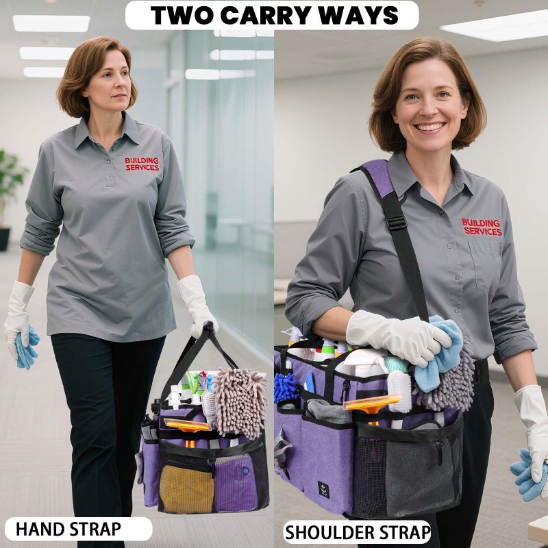 Timoxi Extra large Cleaning Caddy Bag Built-in Sturdy Support Board, Cleaning Organizer with Detachable Divider, Cleaning Supply Tote with Adjustable Shoulder Strap (Purple, 19'' x 11'' x 11'') - Image 3