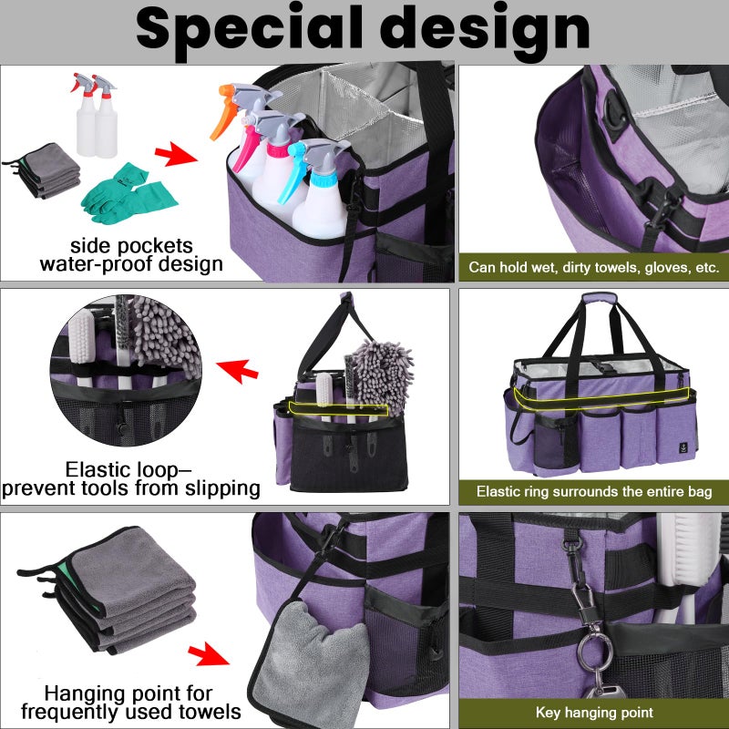 Timoxi Extra large Cleaning Caddy Bag Built-in Sturdy Support Board, Cleaning Organizer with Detachable Divider, Cleaning Supply Tote with Adjustable Shoulder Strap (Purple, 19'' x 11'' x 11'') - Image 5