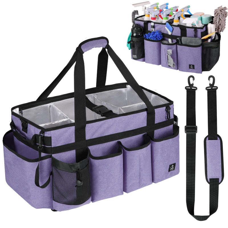 Timoxi Extra large Cleaning Caddy Bag Built-in Sturdy Support Board, Cleaning Organizer with Detachable Divider, Cleaning Supply Tote with Adjustable Shoulder Strap (Purple, 19'' x 11'' x 11'') - Image 1