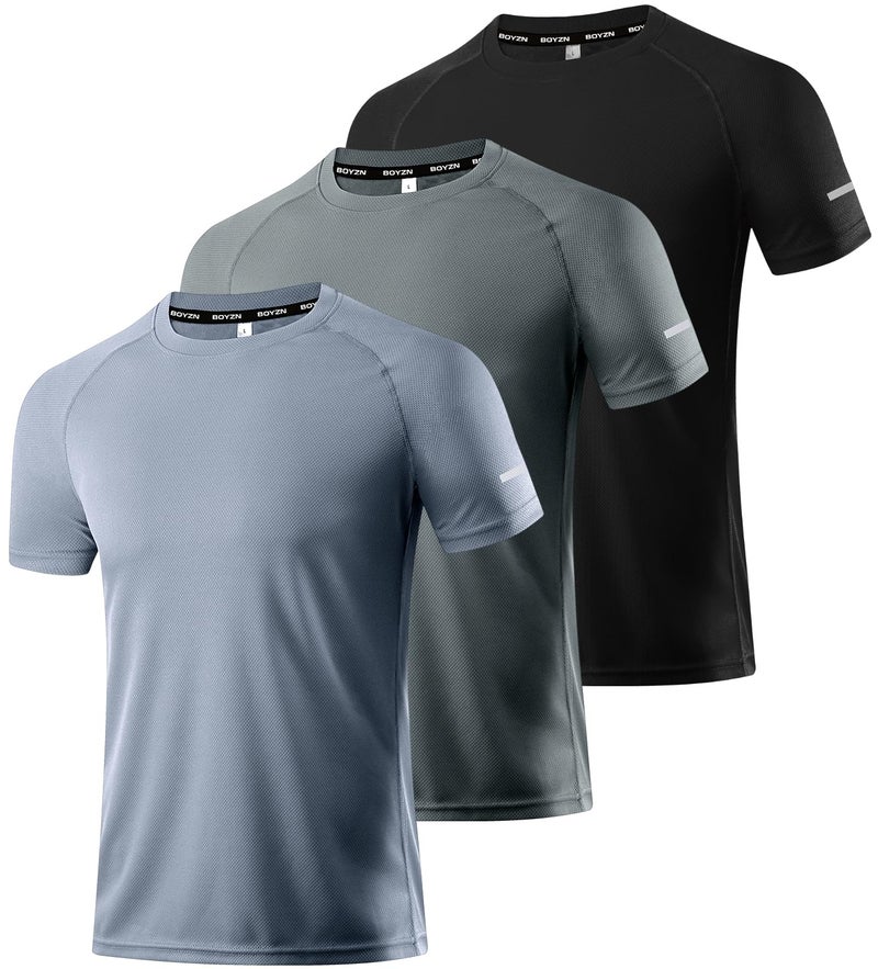Boyzn قمصان رياضية للرجال 3 عبوات جافة تناسب الرقبة Crew Neck تي شيرتات رياضية للجري في صالة الألعاب الرياضية بأكمام قصيرة - أسود/رمادي/رمادي داكن-3P11-XL - Image 1