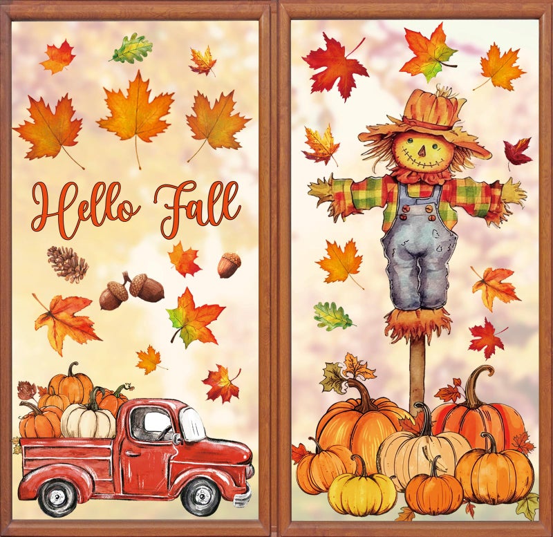 Whaline 6 Sheets Fall Window Clings Watercolor Truck Pumpkin Maple Leaves Scarecrow Window Decals DoubleSided Reusable Stickers for Autumn Thanksgiving Harvest Party Home Windows Glass Mirror Decor