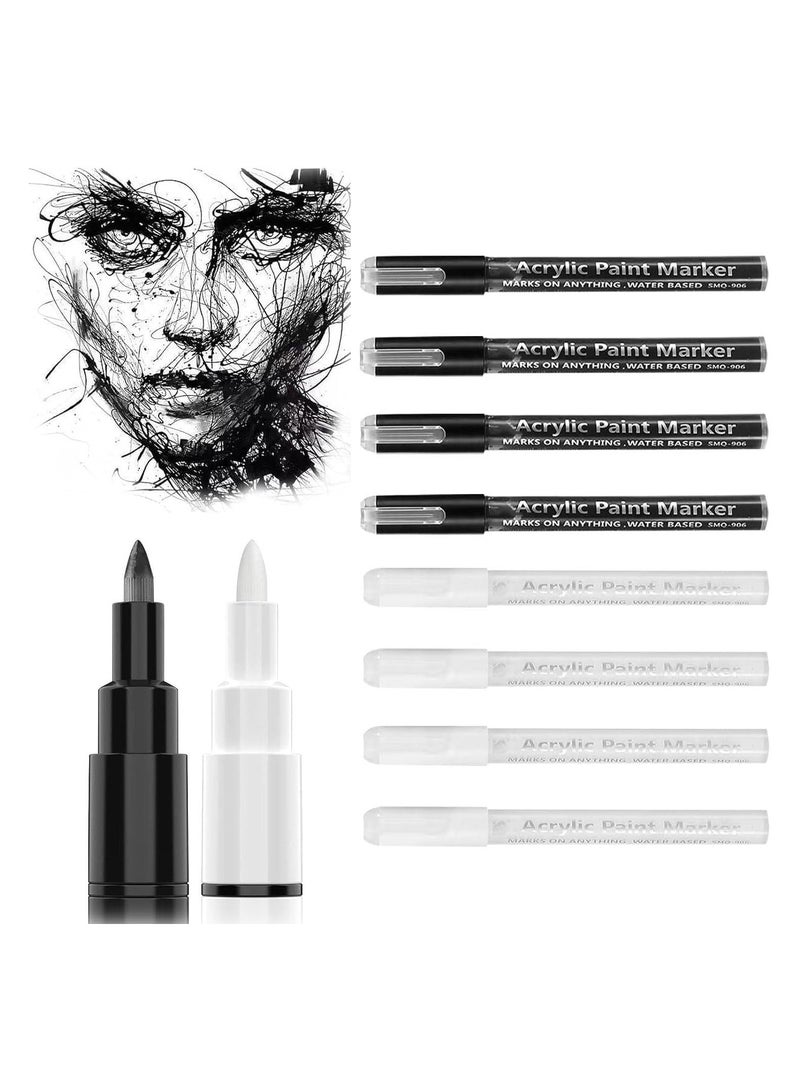 6 Pack Acrylic Paint Pens - Black & White Fine Tip 0.7mm Water-Based Permanent Markers for Rock, Tire, Metal, Glass, Wood, Ideal for Graffiti Artists - Image 1