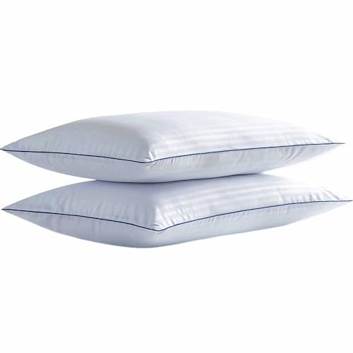 Thin Flat Bed Pillows Standard Size Set of 2 Pack for Sleeping Squishy Fluffy Pillow for Stomach Back Sleeper Hypoallergenic Machine Washable White Striped 20x26 inches