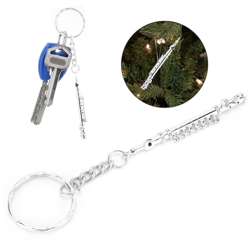 Flute Keychain Metal Key Ring Gift Decoration Musical Instrument Ornament Silver - Image 1