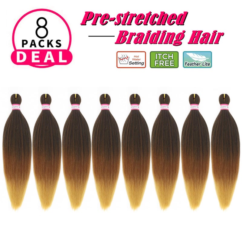 Dorsanee 3 Tone Pre-stretched Braiding Hair Synthetic Braids Professional Hair Extensions for Braiding 20 Inch Yaki Texture Straight Ombre Brown Blond Color Mixed Crochet Twist Hair 8Pcs/lot (#1B/30/27) - Image 2