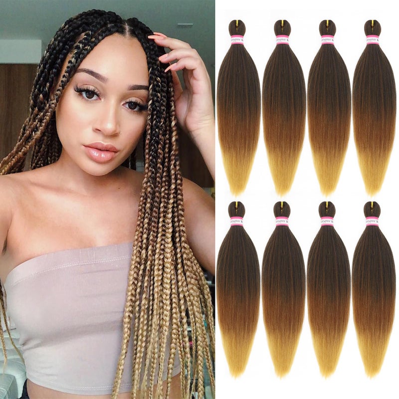 Dorsanee 3 Tone Pre-stretched Braiding Hair Synthetic Braids Professional Hair Extensions for Braiding 20 Inch Yaki Texture Straight Ombre Brown Blond Color Mixed Crochet Twist Hair 8Pcs/lot (#1B/30/27) - Image 1