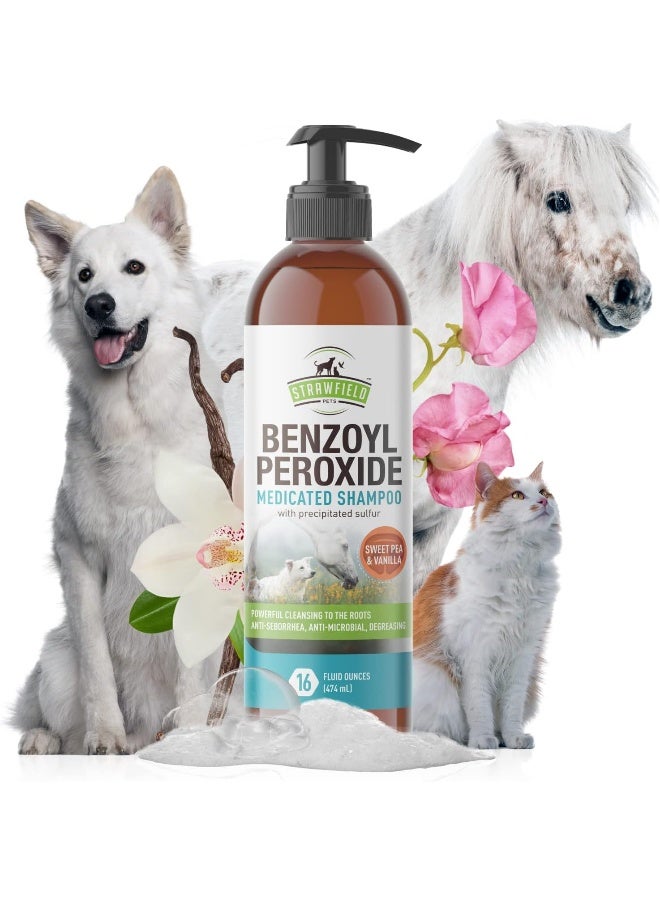 Strawfield Pets' Benzoyl Peroxide Medicated Shampoo for Dogs Cats & Horses with Precipitated Sulfur for Itchy or Oily Skin Relief