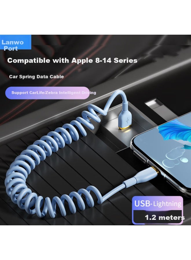 Lenvog Apple Data Cable Car Spring Telescopic Charging Cable For Iphone 14/13/12/11/xr/s/8 Mobile Phone 1.2m Blue - Image 1