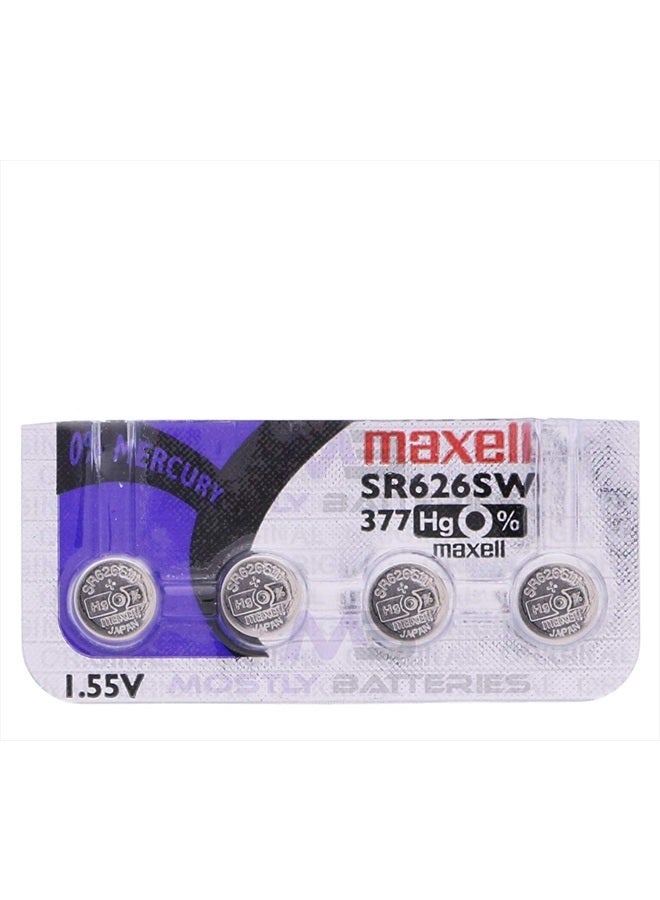 Maxell 377 SR626SW 1.55 Volt Silver Oxide Watch Batteries Factory Hologram (4 Batteries) 