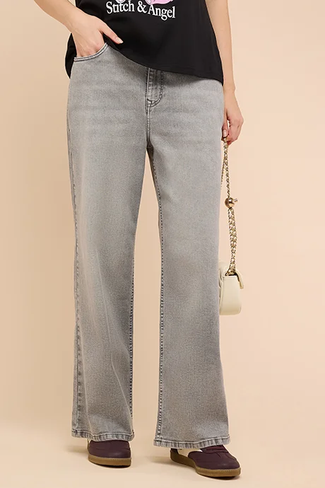 أر أند بي Washed Wide Leg Jeans with Button Closure