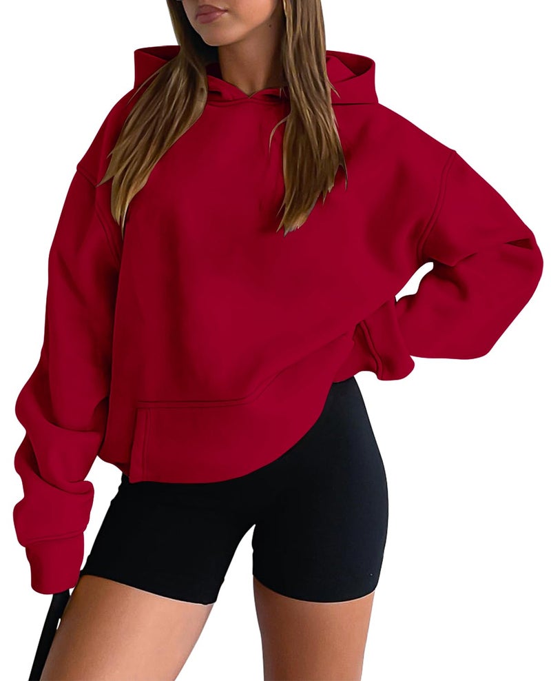 onlypuff Hoodies for Women Red Oversized Sweatshirts Hooded Pullover Casual Workout Soft Fall Fashion Outfits Winter ClothesXL - Image 1