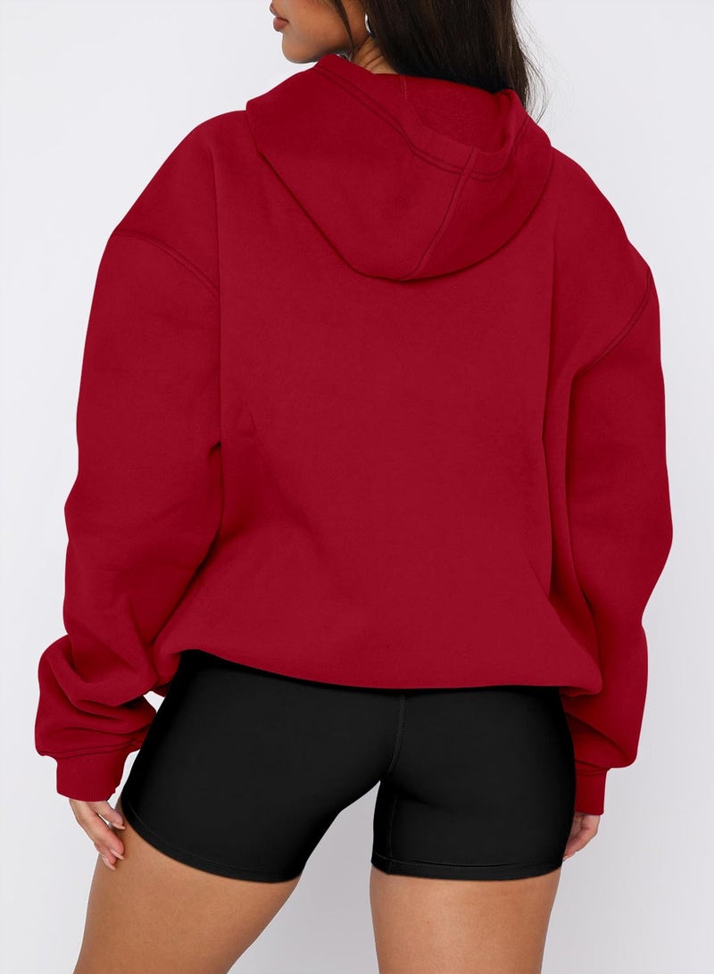 onlypuff Hoodies for Women Red Oversized Sweatshirts Hooded Pullover Casual Workout Soft Fall Fashion Outfits Winter ClothesXL - Image 3