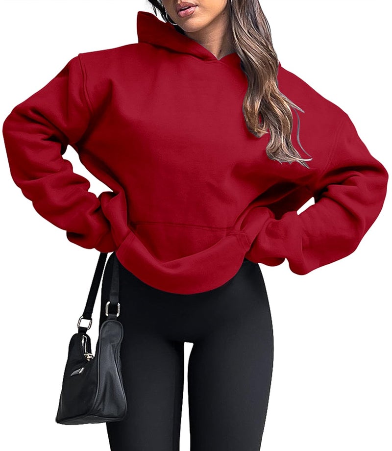 onlypuff Hoodies for Women Red Oversized Sweatshirts Hooded Pullover Casual Workout Soft Fall Fashion Outfits Winter ClothesXL - Image 2