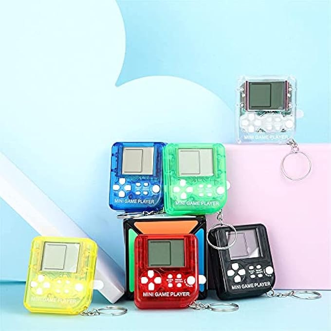 MINI BRICK GAME CONSOLE KEYCHAIN - 6 CLASSIC PORTABLE GAME TOYS IN BLACK, RED, BLUE, GREEN, YELLOW, TRANSPARENT - PERFECT BIRTHDAY PARTY FAVORS - Image 5