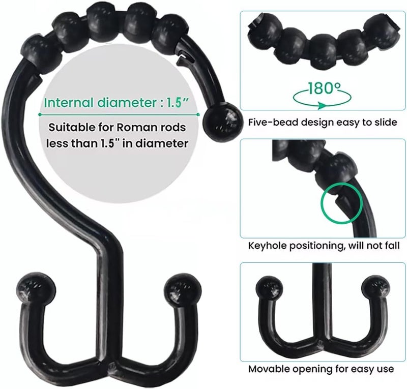Resze 12 PCS Black Plastic Double Shower Curtain Hooks, Multi-Functional Rings for Bathroom Shower Curtain,Shower Curtain Liner and Kitchen Supplies, etc. - Image 3