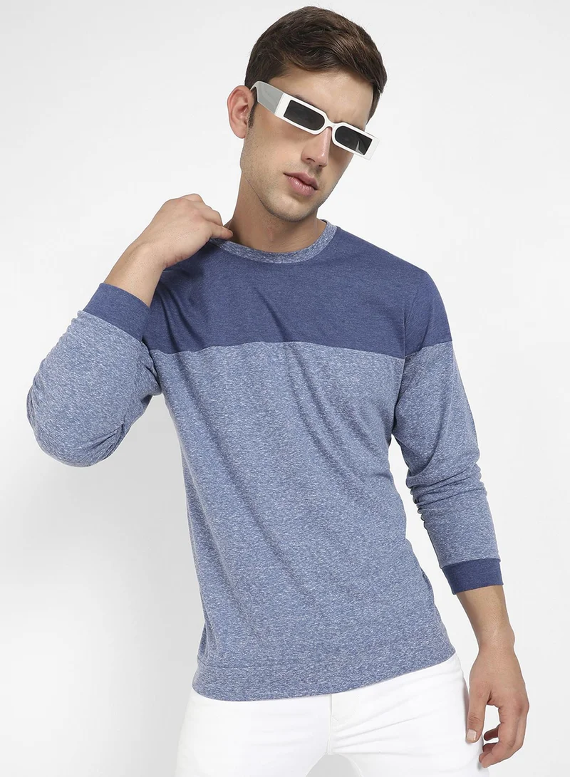 Campus Sutra Campus Sutra Men's Blue Colourblocked T-Shirt For Casual Wear | Crewneck | Long Sleeve | Pull On Closure | Cotton T-Shirt Crafted With Comfort Fit For Everyday Wear