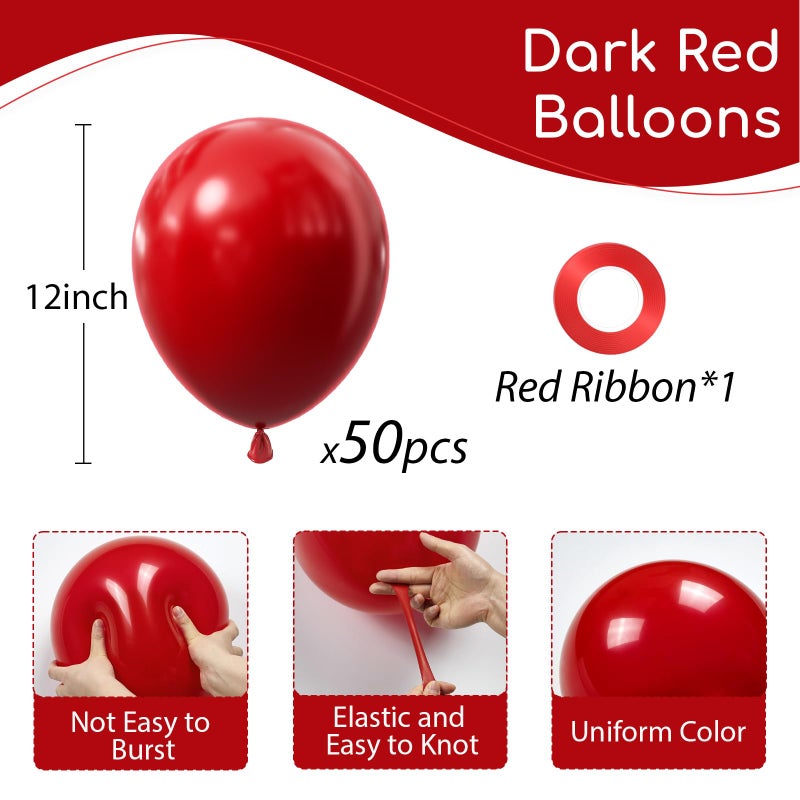 awenztech Dark Red Balloons 12 inch, Red Latex Balloon 50pcs Party Balloons for Bridal Shower Wedding Birthday Party Decorations - Image 2