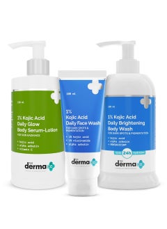The Derma Co Hello Clear Skin Combo (1% Kojic Acid Face Wash 100ml+1% Kojic Acid Brightening Body Wash 250ml+1% Kojic Acid Daily Glow Body Serum-Lotion 250 ml) Fades Spots | Treats Pigmentation