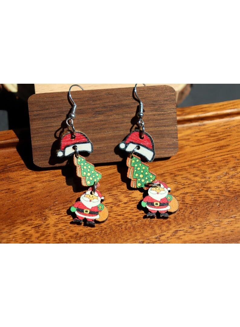FOLAI Women’s Wood Santa & Christmas Tree Earrings – Holiday Jewelry & Best Christmas Gift - Image 2