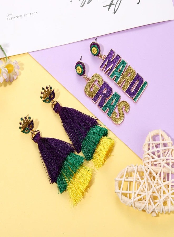 YAHPERN 2/3Pairs Mardi Gras Earrings for Women Beaded Crown Dangle Earrings Mardi Gras Accessory, Fleur De Lis Carnival Earrings for Fat Tuesday Celebrations, Mardi Gras Parades Jewelry Gifts (Style H) - Image 3