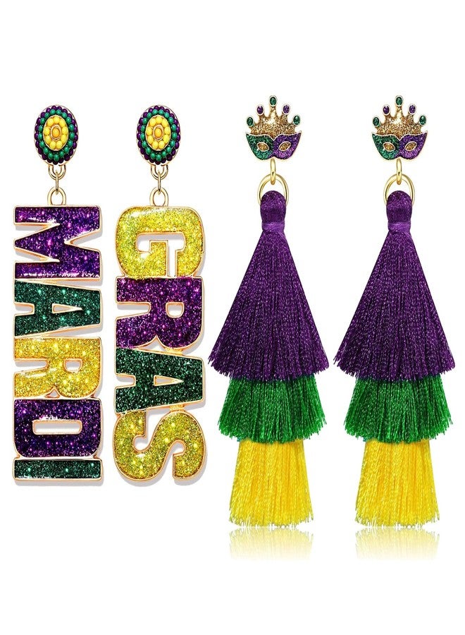 YAHPERN 2/3Pairs Mardi Gras Earrings for Women Beaded Crown Dangle Earrings Mardi Gras Accessory, Fleur De Lis Carnival Earrings for Fat Tuesday Celebrations, Mardi Gras Parades Jewelry Gifts (Style H) - Image 1