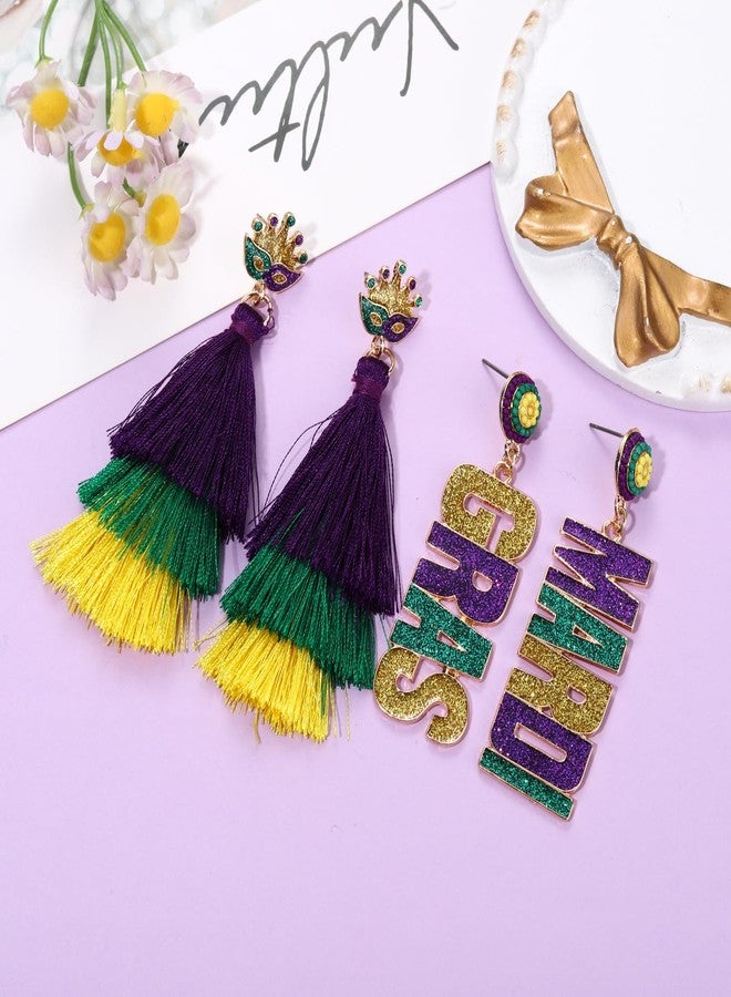 YAHPERN 2/3Pairs Mardi Gras Earrings for Women Beaded Crown Dangle Earrings Mardi Gras Accessory, Fleur De Lis Carnival Earrings for Fat Tuesday Celebrations, Mardi Gras Parades Jewelry Gifts (Style H) - Image 4