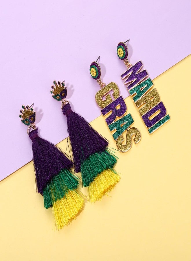 YAHPERN 2/3Pairs Mardi Gras Earrings for Women Beaded Crown Dangle Earrings Mardi Gras Accessory, Fleur De Lis Carnival Earrings for Fat Tuesday Celebrations, Mardi Gras Parades Jewelry Gifts (Style H) - Image 5