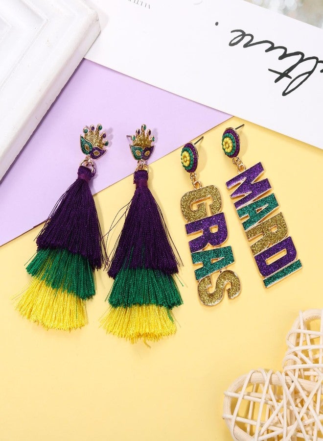 YAHPERN 2/3Pairs Mardi Gras Earrings for Women Beaded Crown Dangle Earrings Mardi Gras Accessory, Fleur De Lis Carnival Earrings for Fat Tuesday Celebrations, Mardi Gras Parades Jewelry Gifts (Style H) - Image 2