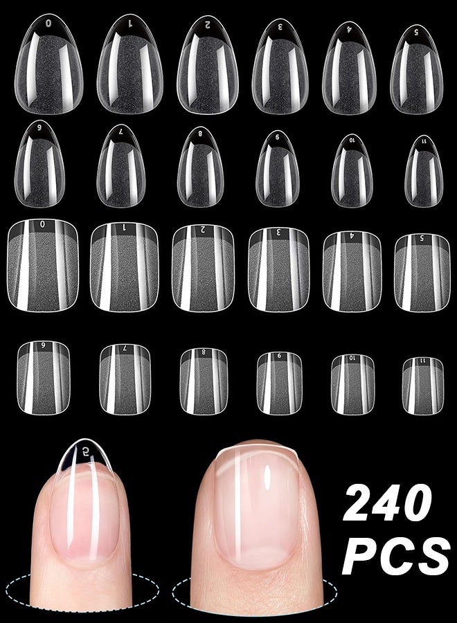 240 قطعة أظافر جاهزة للضغط، مستطيلة قصيرة ولوزية قصيرة، أطراف أظافر جل ناعمة، نصف مطفية بتصميم فرنسي شفاف جاهز للضغط للأعمال اليدوية والصالون، 12 مقاس، تمديد الأظافر، لوزية قصيرة لتطويل الأظافر - Image 1