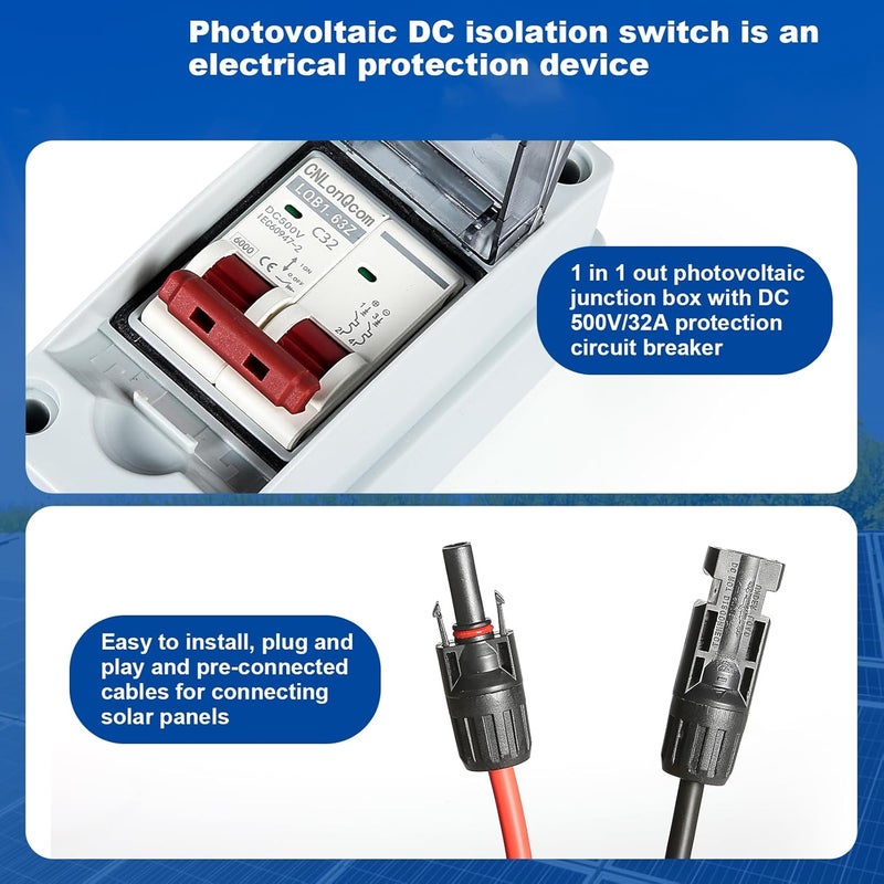 جايدشاي Solar Photovoltaic Combiner Box, Waterproof IP66 with 500V 32A Protection Circuit Breaker 1 in 1 Output 1 Chain PV DC Isolation Switch Photovoltaic Junction Box - Image 5