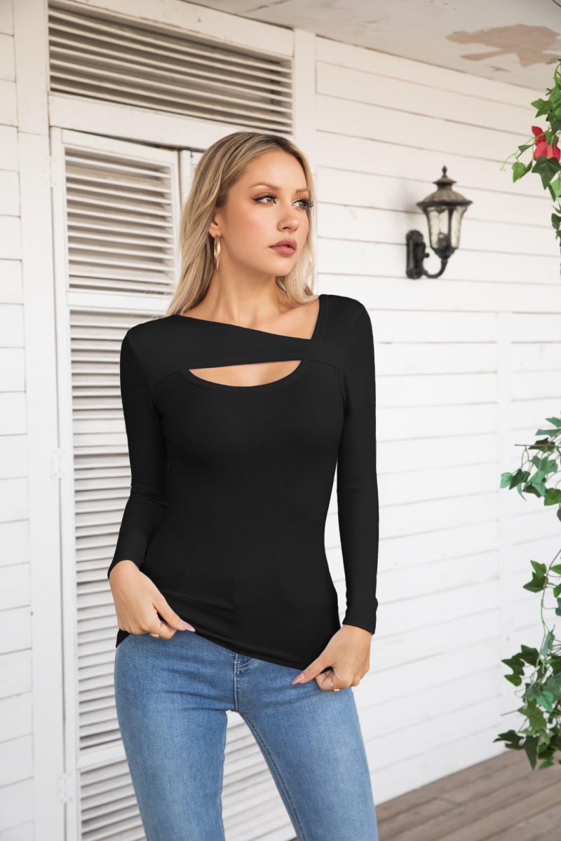 VICHYIE Long Sleeve Shirts for Women Cutout Tops Ribbed Slim Fitted Fashion Fall Clothes One Piece Pullover Tee Tshirts Black XL - Image 2