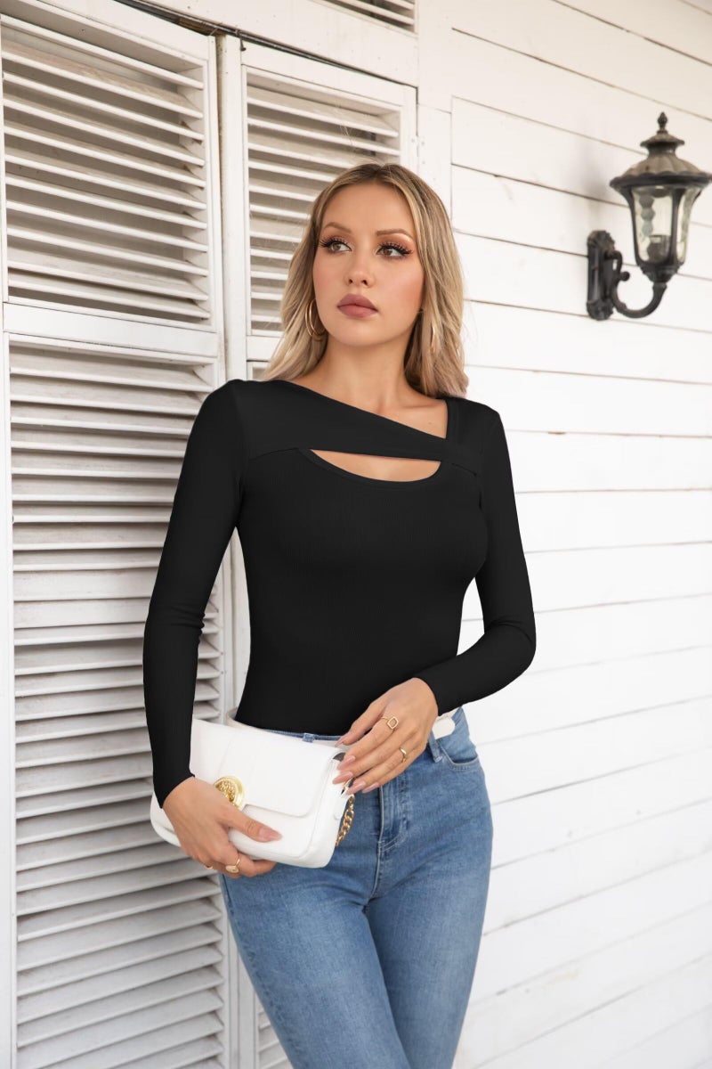 VICHYIE Long Sleeve Shirts for Women Cutout Tops Ribbed Slim Fitted Fashion Fall Clothes One Piece Pullover Tee Tshirts Black XL - Image 5