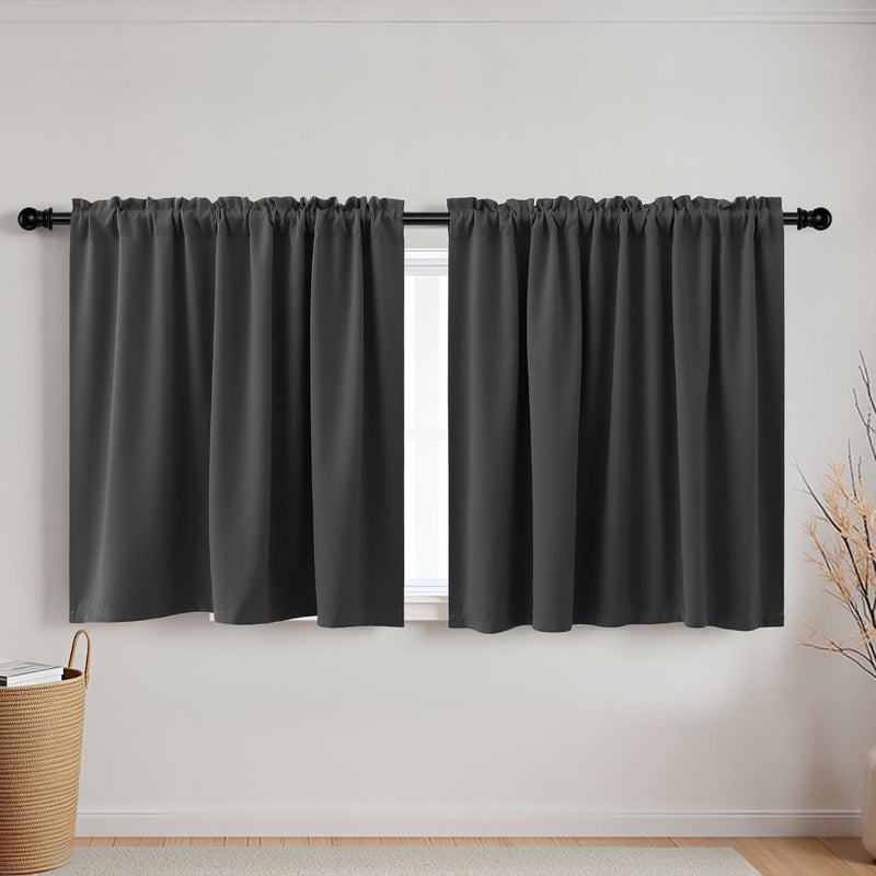 KOUFALL Short Curtain 36 Inches Long for Bathroom Set of 2 Panel Cafe Tier Curtains Blackout Room Darkening Rod Pocket Grey Curtains 36 Inch Length for Small Windows Kitchen Dark Gray 52x36 - Image 1