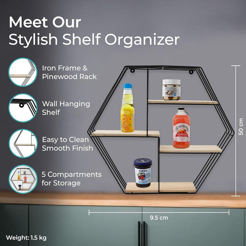 The Better Home Five Compartment Wall Hanging Shelf RhombusWall Shelves for Living RoomWall Mounted ShelfWall Decor Items for Living RoomRoom Decor AestheticIron Pinewood58x10x50cm - Image 2