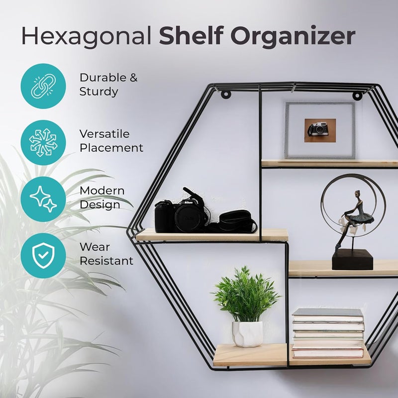 The Better Home Five Compartment Wall Hanging Shelf RhombusWall Shelves for Living RoomWall Mounted ShelfWall Decor Items for Living RoomRoom Decor AestheticIron Pinewood58x10x50cm - Image 4