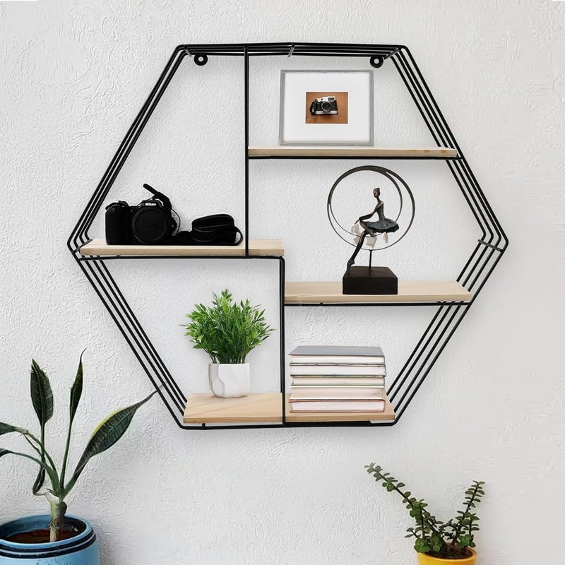The Better Home Five Compartment Wall Hanging Shelf RhombusWall Shelves for Living RoomWall Mounted ShelfWall Decor Items for Living RoomRoom Decor AestheticIron Pinewood58x10x50cm - Image 1