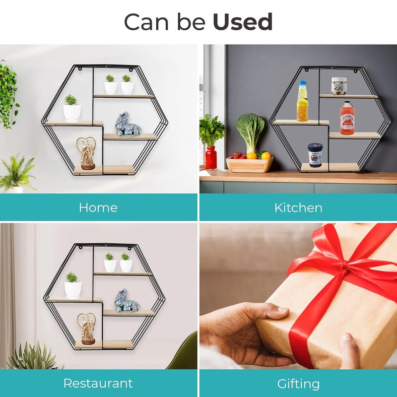 The Better Home Five Compartment Wall Hanging Shelf RhombusWall Shelves for Living RoomWall Mounted ShelfWall Decor Items for Living RoomRoom Decor AestheticIron Pinewood58x10x50cm - Image 5