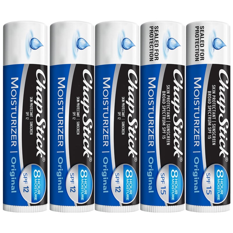 chapstick شامبو مرطب 2 في 1 للعناية بالشفتين 5 عبوات (SPF 12 و 15) - بلسم شفاه أصلي مع حماية واسعة النطاق من الشمس، صبار وفيتامين E، 0.15 أونصة لكل عبوة - Image 1