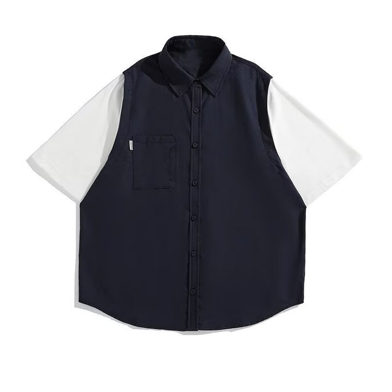 Summer Japanese Style Retro Fake Two-Piece Workwear Short-Sleeved Shirts For Men And Women Cityboy Loose Boyish Couple Shirts - Image 1