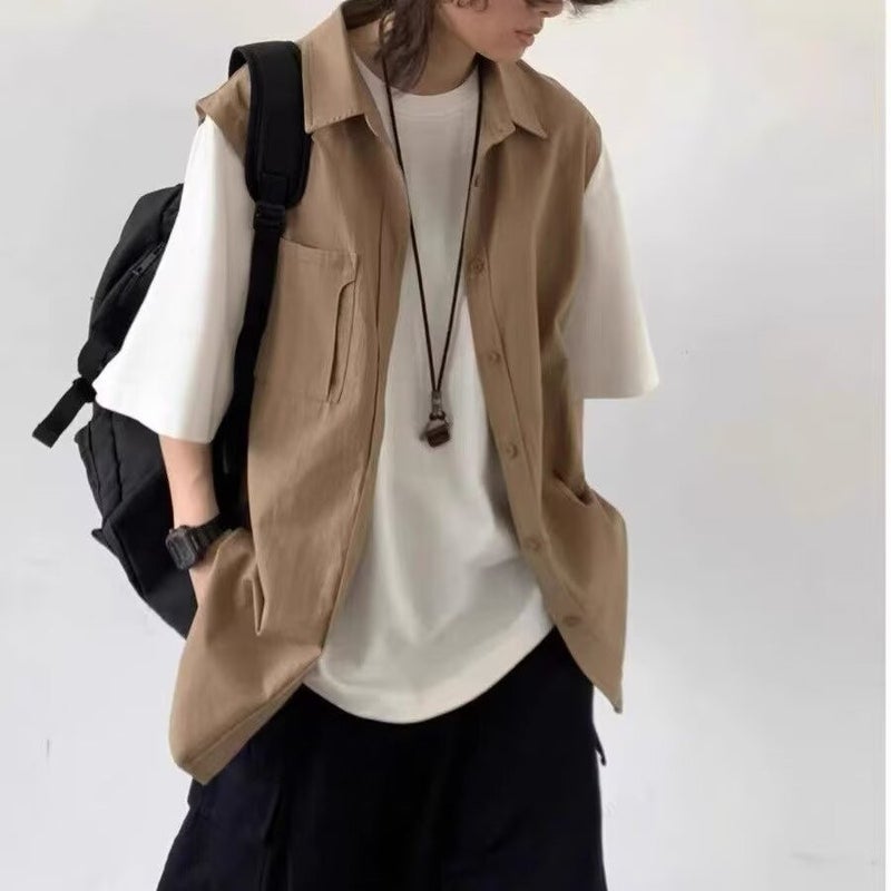 Summer Japanese Style Retro Fake Two-Piece Workwear Short-Sleeved Shirts For Men And Women Cityboy Loose Boyish Couple Shirts - Image 2