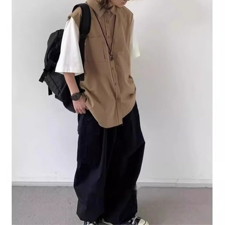 Summer Japanese Style Retro Fake Two-Piece Workwear Short-Sleeved Shirts For Men And Women Cityboy Loose Boyish Couple Shirts - Image 4