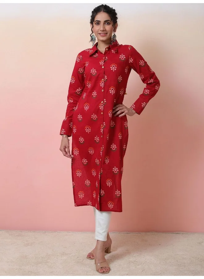AKS Red Ethnic Motif Straight Kurta with lace details