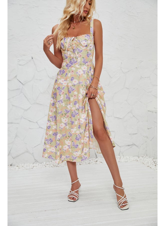 SPRING Summer Straps European And American Women's Fashion Floral Print Pastoral Long Elegant Dress - Image 1