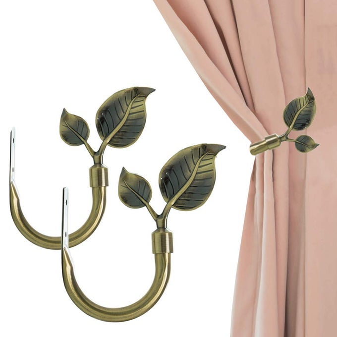 LEAF SHAPED CURTAIN HOLDBACKS 2PCS HANDMADE METAL CURTAIN SIDE HOLDERS FOR WALL ANTIQUE BRASS CURTAIN TIEBACK HOOK PULL BACKS FOR DRAPES WINDOW HOME DECORATION