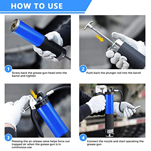 STHIRA Grease Gun,Heavy Duty Pistol Grip Grease Gun with 4 Flexible Hoses,High Performance Grease Gun Air Nozzle Mini Gun Grease Air Gun with Reinforced Flex Hose Spring Guard Working Coupler - Image 5