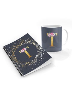 Stylizedd Printed Coffee Mug + A5 Spiral Notebook Memo Personalised Combo Gift Set Custom Monogram Initial Letter Floral Pattern Alphabet - T  (Grey ) 