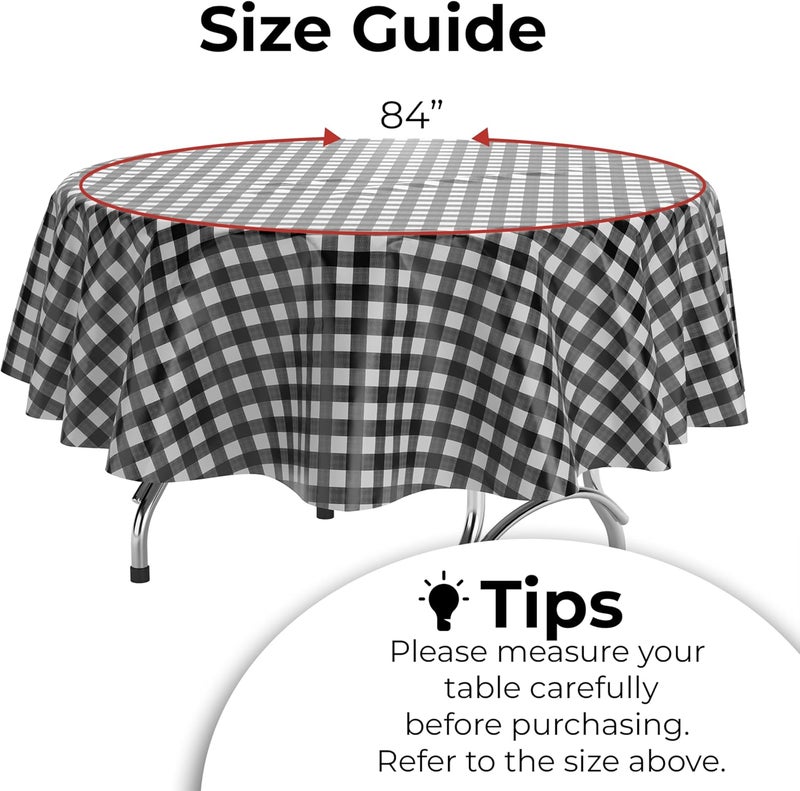 Exquisite 12 Pack Premium Round Plastic Checkered BBQ Tablecloth - Gingham Checkerboard Disposable Plastic Tablecloth 84 inch. Round (Black) - Image 2